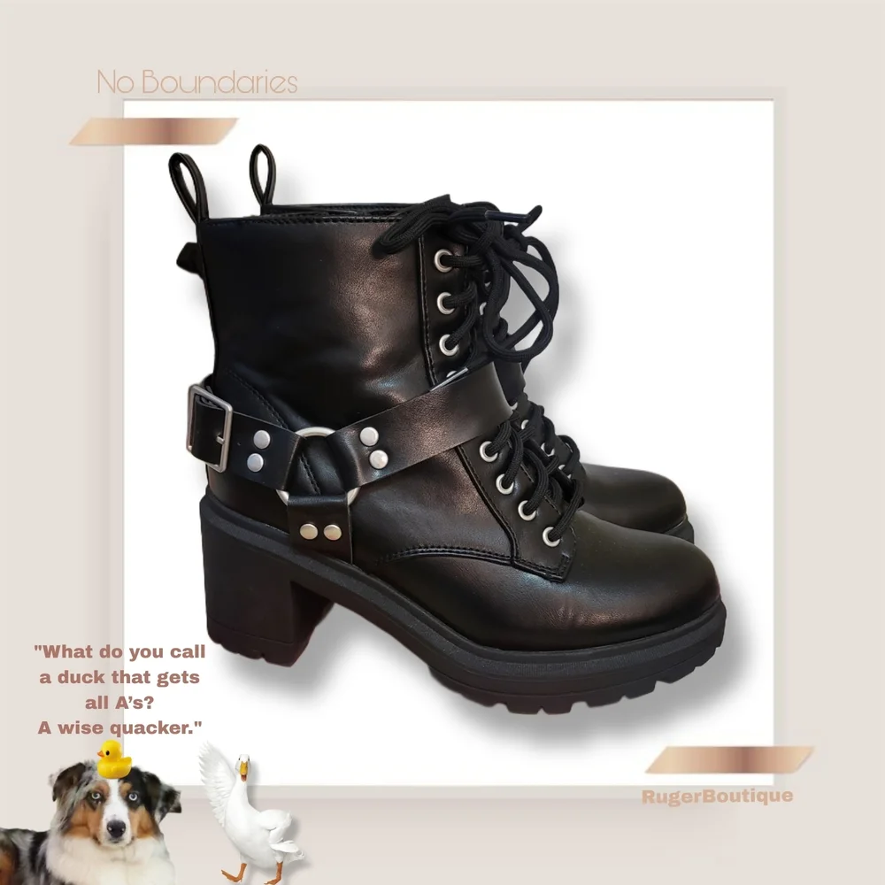 🌿No Boundaries Size 7 Wide Black Faux Leather Moto Boots Chunky Block Heels - Picture 14 of 15